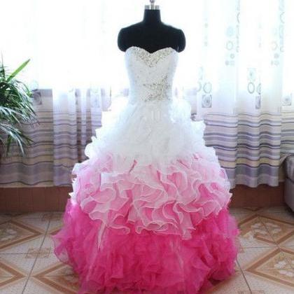 Prom Dresses,Long Prom Dress Ball Gown,White and Pink Prom Dresses,Formal Evening Dress,Hot Pink Prom Gowns, Puffy Organza Prom Dress Beaded,Pageant Dress,Sweetheart Prom Dress