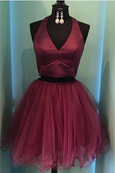 Burgundy Homecoming Dresses, Burgundy Prom Dresses, Short Tulle Prom Dresses, Two Pieces Prom Dresses, Sexy Prom Dresses, 2 Pieces Prom Dresses, 2017 Prom Dresses, Short Homecoming Dresses, Graduation Dresses, Mini Party Dress, Prom Dresses with Beadings, Custom Made