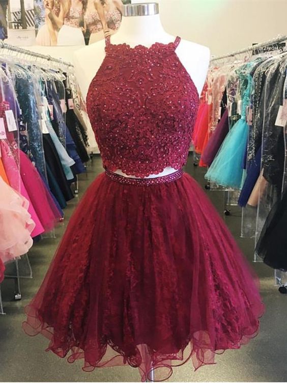 Burgundy Lace Homecoming Dresses, Lace Prom Dresses, Short Tulle Prom Dresses, Two Pieces Prom Dresses, Sexy Prom Dresses, 2 Pieces Prom Dresses, 2018 Prom Dresses, Short Homecoming Dresses, Graduation Dresses, Mini Party Dress, Prom Dresses with Appliques, Custom Made