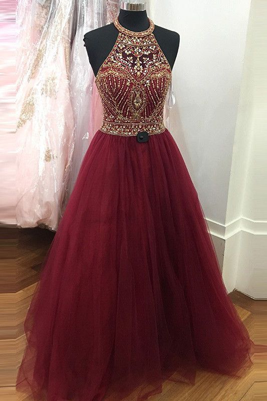 Burgundy Prom Dresses, Long Prom Dresses, Prom Dresses with Gold Beadings, Tulle Prom Dresses, Backless Prom Gowns, Pageant Gowns, 2018 Prom Dresses