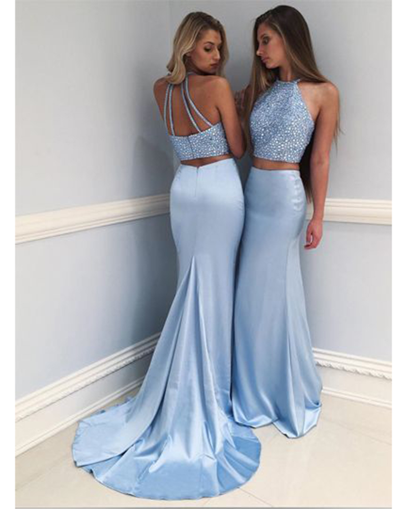 Light Blue Prom Dresses, Mermaid Prom Dresses, Long Prom Dresses, Two Pieces Prom Dresses, Sexy Prom Dresses, 2 Pieces Prom Dresses, 2018 Prom Dresses, Graduation Dresses, Prom Dresses with Beadings, Custom Made