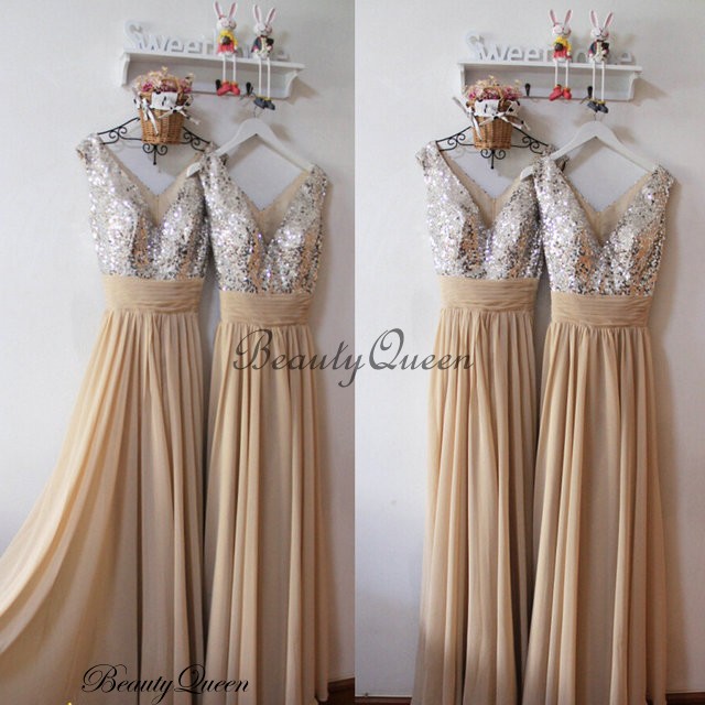 Champagne Bridesmaid Dresses, Chiffon Bridesmaid Dress,Silver Sequins Bridesmaid Dress, Maid Of Honor Dress,Long Chiffon Bridesmaid Dresses,V Neck ...