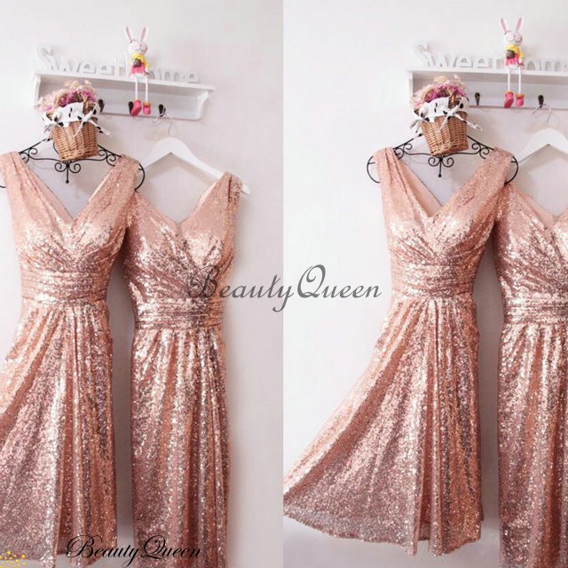 Short Bridesmaid Dress 2019 V Neckline Sequins Bridesmaid Dress