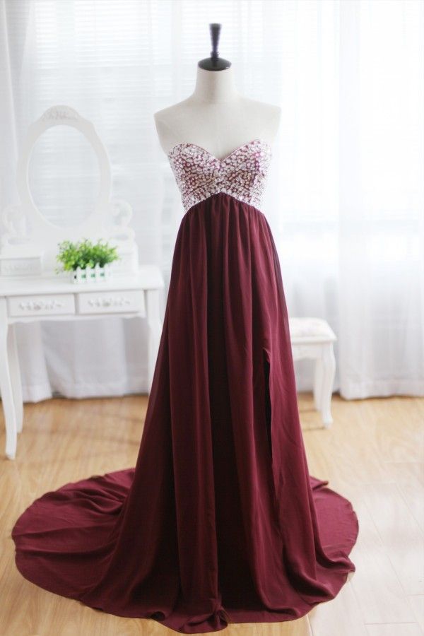 strapless maroon prom dress