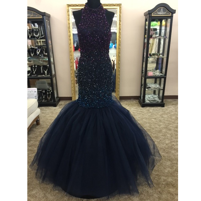 Sleeveless Halter Beaded Mermaid Floor-Length Prom Dress, Evening Dress