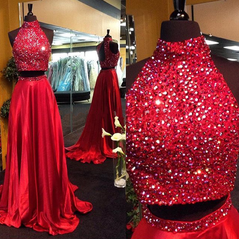 dark red two piece prom dress