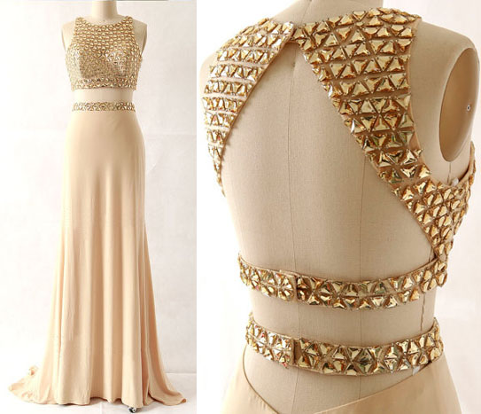 Two-piece Gold Beaded Floor Length Prom Dress