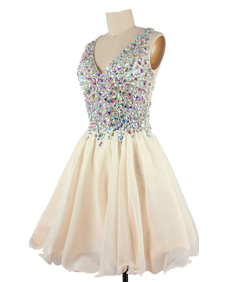  Short A-line Homecoming Dress with Plunging Neckline and Iridescent Beads