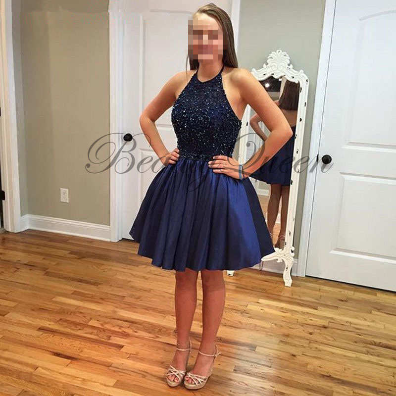 Homecoming Dresses,Navy Blue Homecoming Dress,2016,Halter Prom Dress,Beaded Prom Dress,Short Homecoming Dress,Sexy Short Prom Dress with Beadings,Graduation Dress