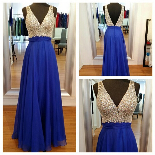 Prom Dresses 2017,deep V Neckline Prom Gowns,long Prom Dresses With Beadings,royal Blue Prom Dress,backless Prom Dress