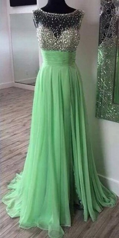 Prom Dresses,Scoop Prom Gowns,Long Chiffon Prom Dresses,Mint Prom Dress,Sexy Prom Dresses with Beadings,2017