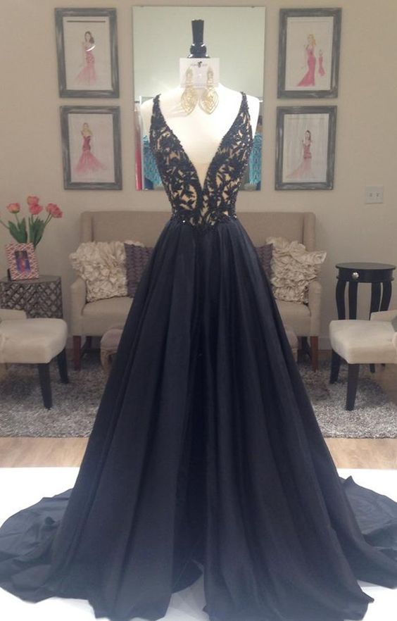 Prom Dresses,Deep V Neckline Prom Gowns,Long Prom Dresses,Black Prom Dress,Lace Prom Dress,Taffeta Puffy Prom Dresses,2017