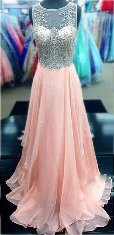 Prom Dresses,Scoop Prom Gowns,Long Chiffon Prom Dresses,Coral Prom Dress,Prom Dresses with Appliqués,Lace Prom Dress, 2017