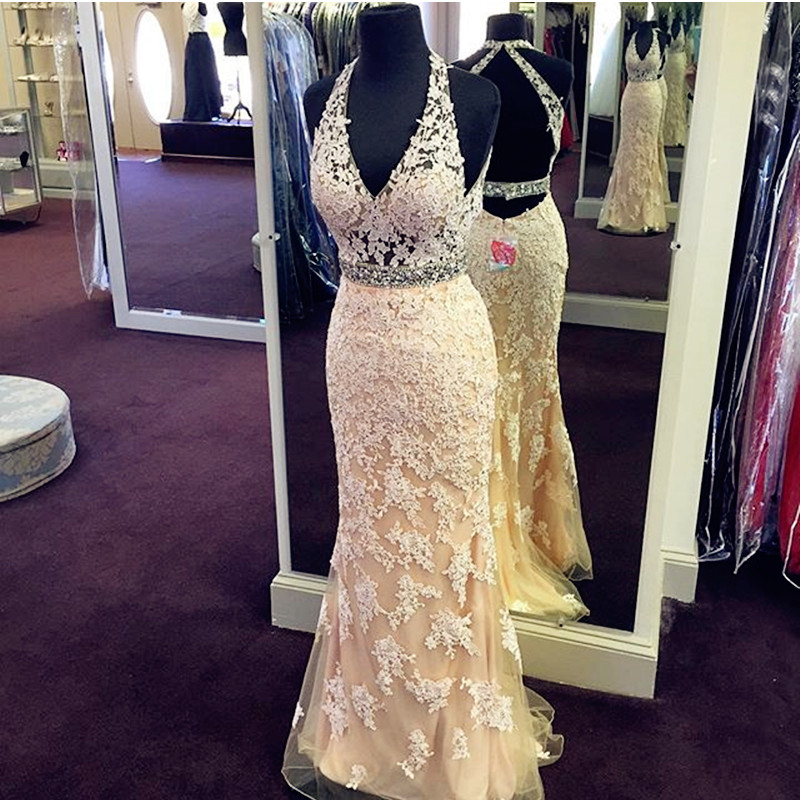 Prom Dresses,Halter Prom Gowns,Long Prom Dresses,Champagne Prom Dress,Backless Prom Dress,Lace Prom Dresses,Lace Mermaid Prom Gowns, 2017