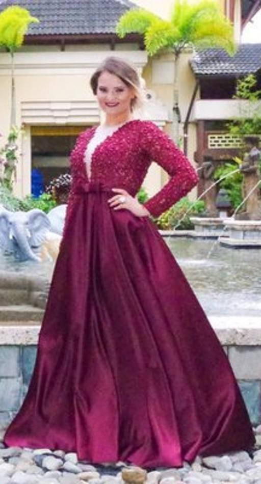 Prom Dresses,Satin Prom Gowns,Long Sleeve Prom Dresses,Burgundy Prom Dress,Prom Dresses with Pearls Beaded, Prom Dress Full Sleeve, Lace Prom Dress,2017