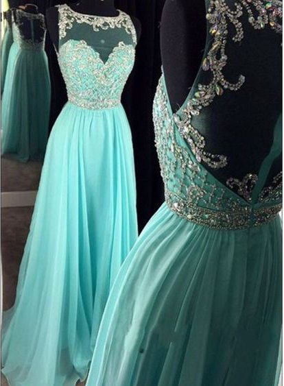 Prom Dresses,sheer Scoop Prom Gowns,long Chiffon Prom Dresses,sky Blue Prom Dress,prom Dresses With Beadings,open Back Prom Dress, 2017