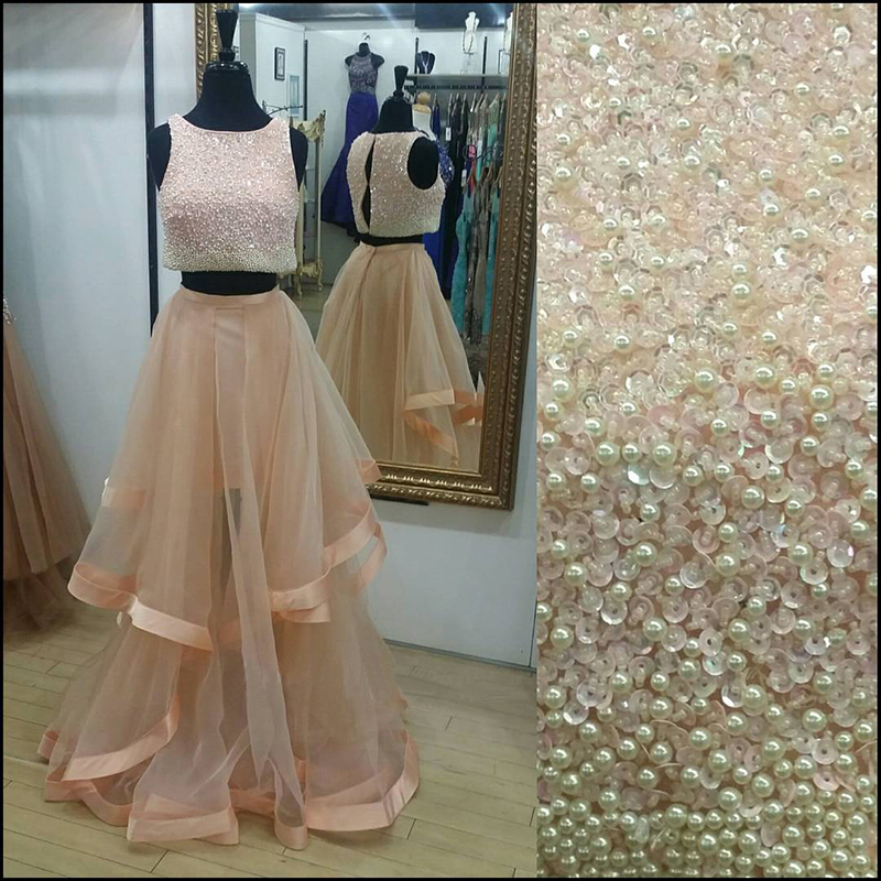 Prom Dresses, Two Pieces Prom Dresses, Prom Dresses Sleeveless, Long Prom Dresses, Rose Gold Prom Dress, Prom Dresses With Pearls Beaded, Tulle