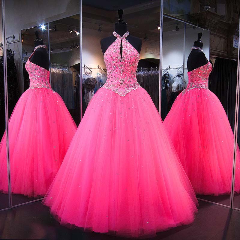 Quinceanera Dresses, Long Prom Dresses Ball Gown, Hot Pink Prom Dresses, Formal Sweet 16 Dress, Sweet 15 Dresses, Puffy Tulle Prom Dress Beaded, Pageant Dress, Quinceanera Dresses Embroidered