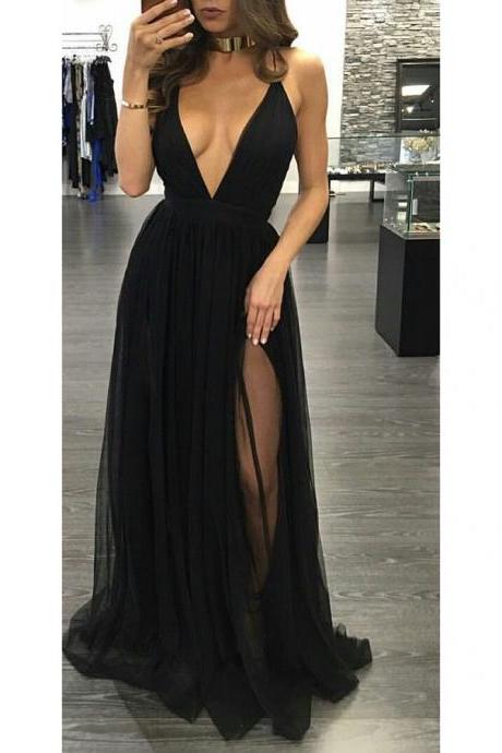 Prom Dresses, Black Prom Dresses, Sexy V-Neck Prom Dress, Long Prom Dresses, Sexy Backless Black Prom Dresses, Evening Gowns, Evening Dresses, Pageant Dresses, Wedding Party Dresses, 2017 Prom Dresses, Custom Made, Prom Dresses 2017