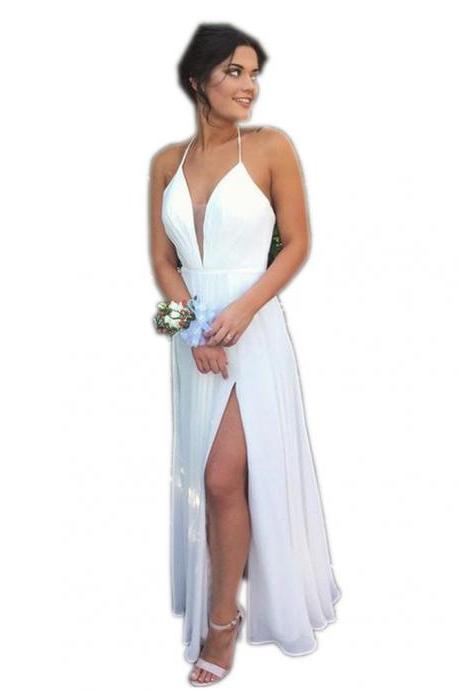 Prom Dresses, Sexy White Prom Dresses, Sexy V-Neck Prom Dress, Long Prom Dresses, Sexy Backless Prom Dresses, White Prom Gowns, Evening Dresses, Pageant Dresses, Wedding Party Dresses, 2017 Prom Dresses, Custom Made, Prom Dress 2017