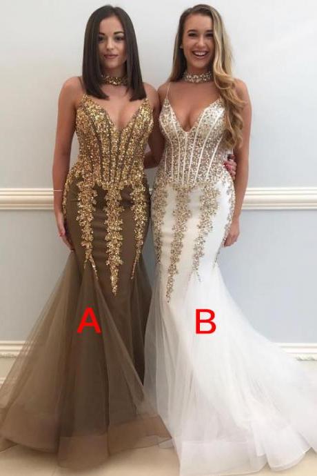 Gold Lace Mermaid Prom Dresses, V Neckline Prom Dresses with Spaghetti Straps,Long Prom Dress 2018,Prom Dresses with Pleats Train, Gold Evening Dresses,White Evening Gowns,Prom Party Dresses,Pageant Dresses,Gold Prom Dresses,Custom Made