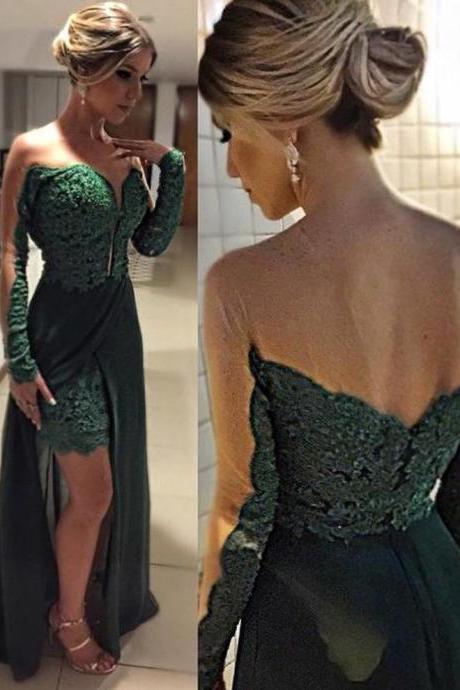 High Low Prom Dresses, Dark Green Prom Dresses with Illusion Long Sleeves,Lace Prom Dress 2018,Prom Dresses with Appliques, Dark Green Evening Dresses,Evening Gowns,Prom Party Dresses,Pageant Dresses,Lace Prom Dresses,Custom Made