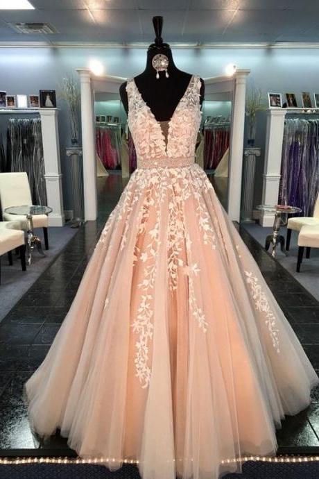 Lace Prom Dresses, Long Prom Dresses, Prom Dresses with Appliques, Tulle Prom Dresses, Backless Prom Gowns, Pageant Gowns, 2018 Prom Dresses, Coral Prom Dresses