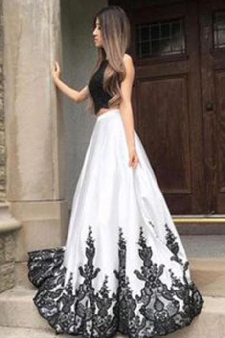 White Prom Dresses with Black Lace, Prom Dresses, Long Prom Dresses, Two Pieces Prom Dresses, Sexy Prom Dresses, 2 Pieces Prom Dresses, 2018 Prom Dresses, Homecoming Dresses, Graduation Dresses, Prom Dresses with Appliques, Custom Made