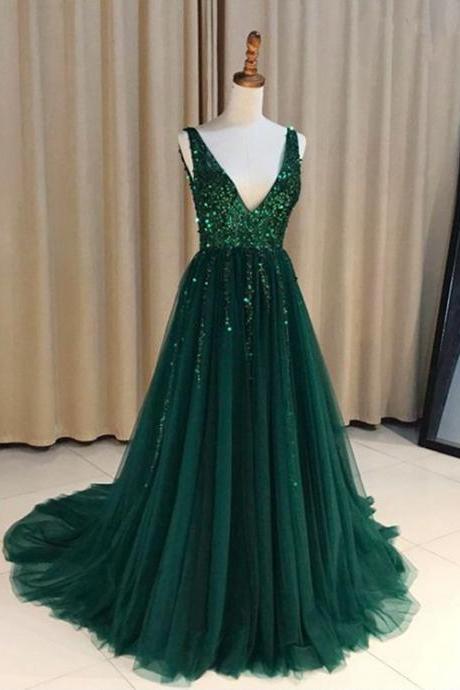 Dark Green Prom Dresses, Long Prom Dresses, Prom Dresses Seqined, Tulle Prom Dresses, Backless Prom Gowns, Pageant Gowns, 2018 Prom Dresses, Bling Bling Prom Dresses