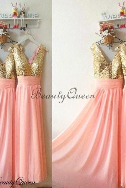 Coral Bridesmaid Dresses, Sequins Bridesmaid Dress,Gold Sequins Bridesmaid Dress, Maid of honor Dress,Long Chiffon Bridesmaid Dresses,V Neck Bridesmaid Dresses 2016,Prom Dress,Evening Dress,Party Dress,Formal Dress