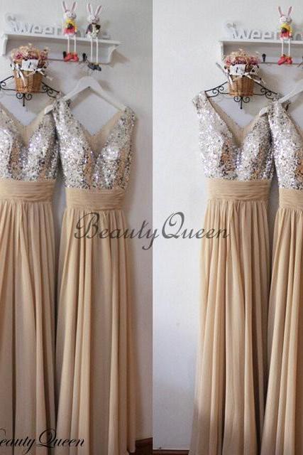 Champagne Bridesmaid Dresses, Chiffon Bridesmaid Dress,Silver Sequins Bridesmaid Dress, Maid of honor Dress,Long Chiffon Bridesmaid Dresses,V Neck Bridesmaid Dresses 2016,Prom Dress,Evening Dress,Party Dress,Formal Dress
