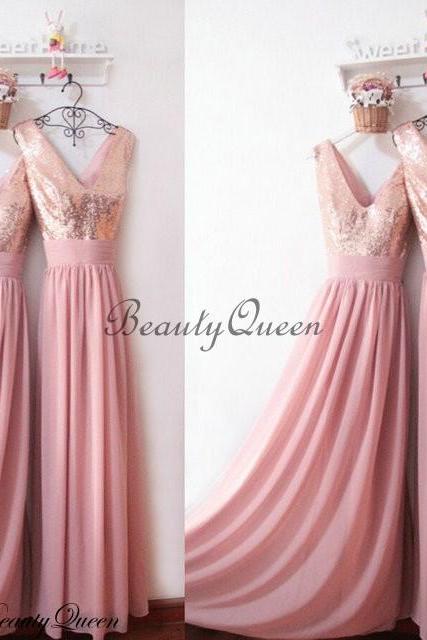 Blush Pink Bridesmaid Dresses, Sequins Bridesmaid Dress,Blush Pink Sequins Bridesmaid Dress, Maid of honor Dress,Long Chiffon Bridesmaid Dresses,V Neck Bridesmaid Dresses 2016,Prom Dress,Evening Dress,Party Dress,Formal Dress Backless