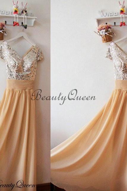 Gold Bridesmaid Dresses, Chiffon Bridesmaid Dress with Cap Sleeves,Silver Sequins Bridesmaid Dress, Maid of honor Dress,Long Chiffon Bridesmaid Dresses,V Neck Bridesmaid Dresses, 2016 Prom Dress,Evening Dress,Party Dress,Formal Dress