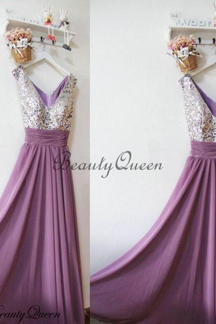 Bridesmaid Dresses with Silver Sequins, Grape Chiffon Bridesmaid Dress ,Silver Sequins Bridesmaid Dress, Maid of honor Dress,Long Chiffon Bridesmaid Dresses,V Neck Bridesmaid Dresses, 2016 Prom Dress,Evening Dress,Party Dress,Formal Dress Floor Length