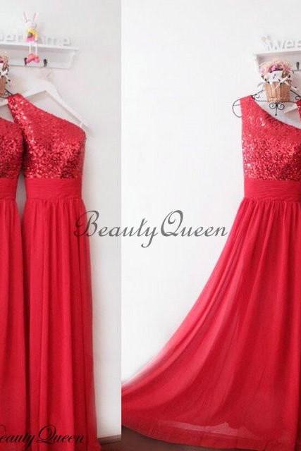 Red Sequins Bridesmaid Dress 2019, One Shoulder Bridesmaid Dress,Long Bridesmaid Dress, Long Wedding Party Dress,Sequins Party Gowns,Chiffon Bridesmaid Dress