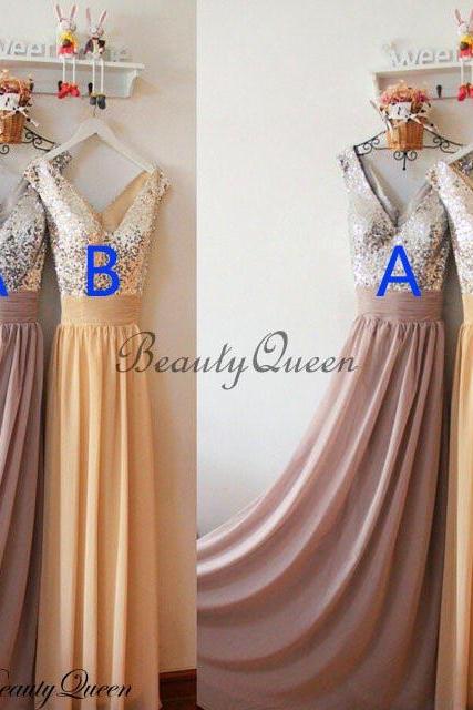 Champagne Bridesmaid Dress 2019 , Dusty Pink Bridesmaid Dress,Floor Length Bridesmaid Dress,Long Bridesmaid Dress, Sequined Wedding Party Dress,Shiny Party Gowns, V Neck Bridesmaid Dress