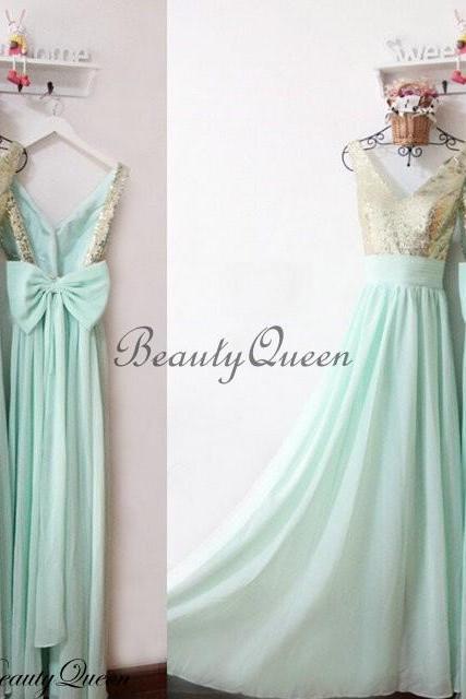 Mint Bridesmaid Dress,Gold Sequins Bridesmaid Dress, 2019 Bridesmaid Dress with V Neck,Long Bridesmaid Dress,Wedding Party Dresses, Gold Sequins Party Dress, Evening Dress,Prom Dress with Bow,Mint Chiffon Bridesmaid Dress,Custom Made
