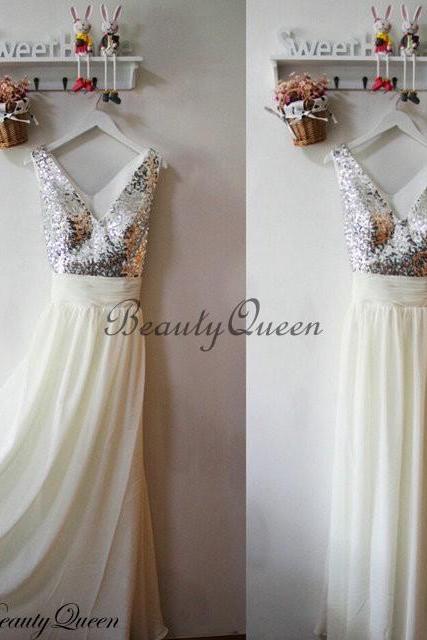 Bridesmaid Dress,Silver Sequins Bridesmaid Dress, 2020 Bridesmaid Dress with V Neck,Long Bridesmaid Dress,Wedding Party Dresses,Sparkly Sequins Party Dress, Evening Dress,Prom Dress,Ivory Chiffon Bridesmaid Dress,Custom Made,Pageant Dress