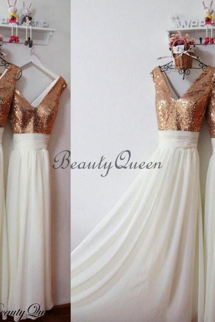 Bridesmaid Dress,Custom Made,Formal Dress,Gold Sequins Bridesmaid Dress, 2020 Bridesmaid Dress with V Neck,Long Bridesmaid Dress,Wedding Party Dresses,Sparkly Sequins Party Dress, Evening Dress,Prom Dress,Ivory Chiffon Bridesmaid Dress,Pageant Dress