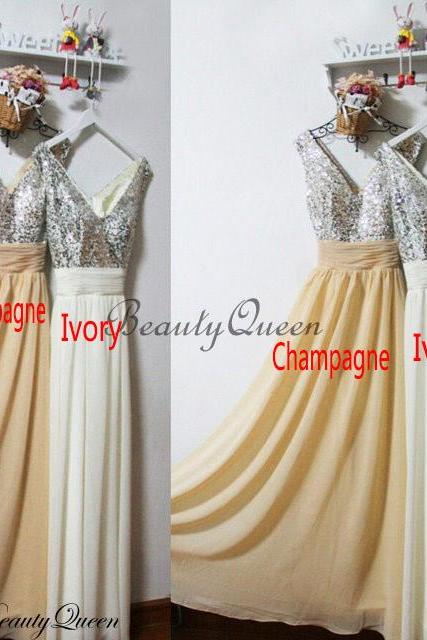 Champagne Bridesmaid Dress,Custom Made,Formal Dress,Silver Sequins Bridesmaid Dress, 2019 Bridesmaid Dress with V Neck,Long Bridesmaid Dress,Wedding Party Dresses,Sparkly Sequins Party Dress, Prom Dress,Ivory Chiffon Bridesmaid Dress,Pageant Dress
