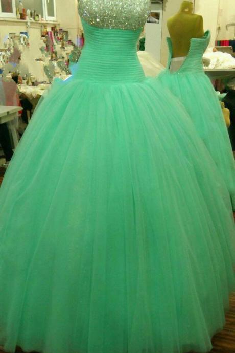 Prom Dresses,Long Prom Dress Ball Gown, Mint Green Prom Dresses,Long Dresses,Evening Dress,Mint Prom Gowns, Puffy Tulle Prom Dress Beaded,Pageant Dress,Sweetheart Prom Dress