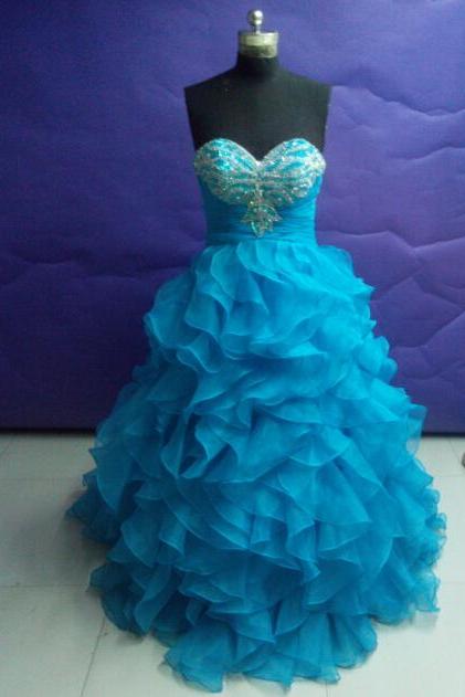Prom Dresses,Long Prom Dress Ball Gown,Blue Prom Dresses,Formal Evening Dress,Blue Prom Gowns with Ruffles, Puffy Organza Prom Dress Beaded,Pageant Dress,Sweetheart Prom Dresses
