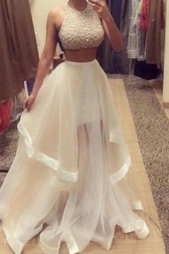 Two Pieces Prom Dresses,2 Piece Prom Dresses, 2016 Prom Dresses,Evening Dresses,Beaded Prom Gowns, Tulle Prom Dress Beaded,Light Champagne Pageant Dress,Prom Dress with Ruffles