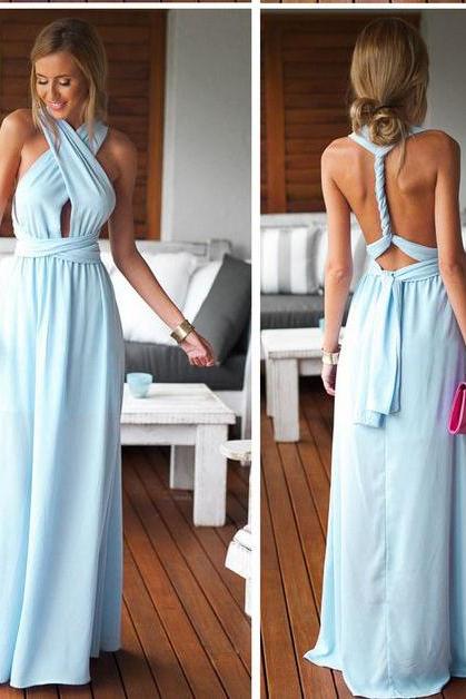 Light Sky Blue Prom Dresses, Sexy Prom Dresses,Long Prom Dress 2016,Halter Neckline Prom Dresses, Evening Gowns, Beach Prom Dresses Backless,Prom Dresses,Custom Made