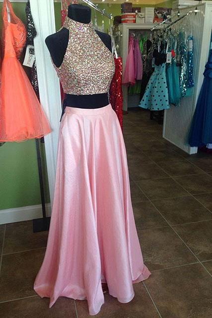 Two Pieces Prom Dresses,2 Piece Prom Dresses, 2016 Prom Dresses,Evening Dresses,Beaded Prom Gowns, Pink Prom Dress Beaded,Pink Pageant Dress,Prom Dress with Beadings,Prom Dresses