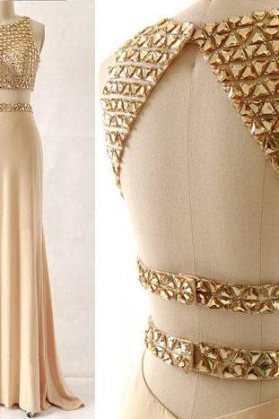 Two-piece Gold Beaded Floor Length Prom Dress