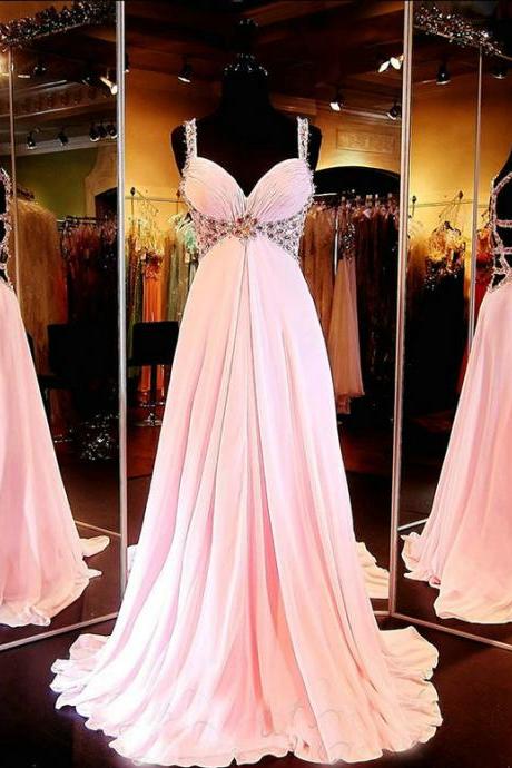Pink Prom Dresses,Chiffon Prom Dresses, 2016 Prom Dresses, A line Evening Dresses,Beaded Prom Gowns,Formal Dresses,Pageant Dress,Sexy Spaghetti Straps Prom Dress with Beadings,Prom Dresses