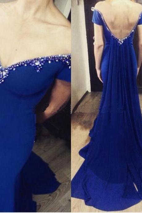 Prom Dresses,Royal Blue Prom Dresses,Mermaid Chiffon Prom Dresses,Sexy V Neckline Prom Dresses, 2016 Prom Dresses, Formal Dress, Evening Dresses,Trumpet Prom Gowns,Backless Prom Dresses Beaded