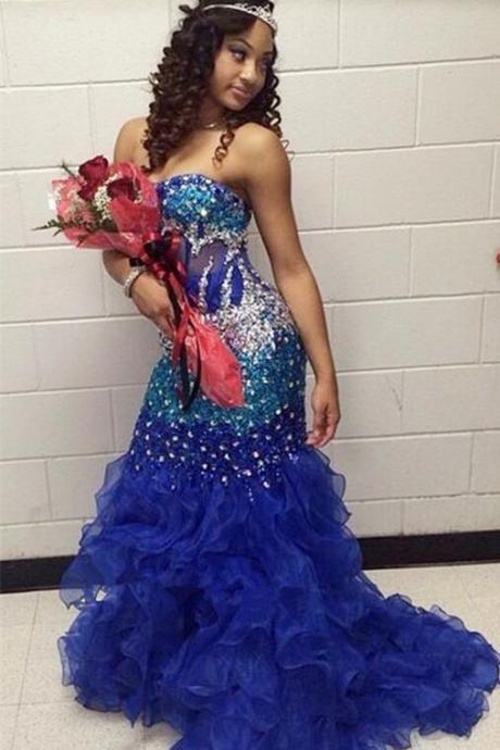 Prom Dresses,Mermaid Prom Dress,Royal Blue Prom Dresses, 2016 Prom Dresses, Formal Dress Evening Dresses,Trumpet Prom Gowns,Sweetheart Prom Dresses Beaded,See Through Prom Dress Puffy Ruffles