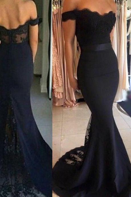 Prom Dresses,Black Mermaid Prom Dresses,Long Prom Dress 2016,Black Lace Prom Dresses Beaded,Evening Dresses, Lace Evening Gowns,Formal Dress,Off The Shoulder Prom Dresses,Party Dress